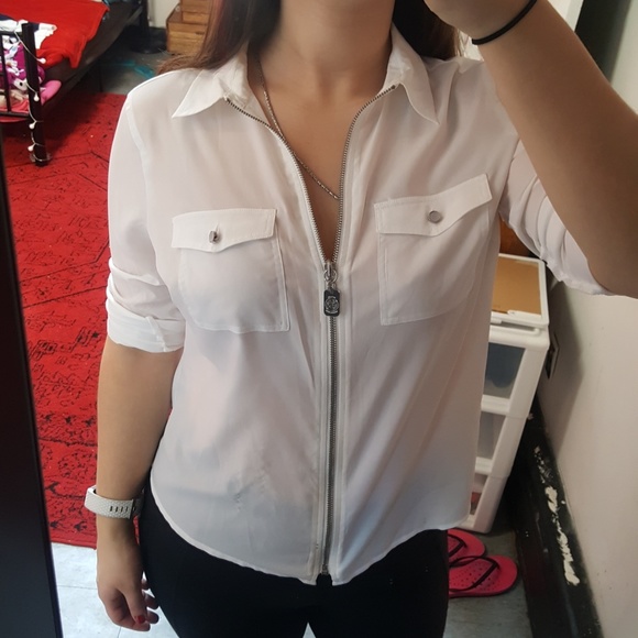 white zip up shirt